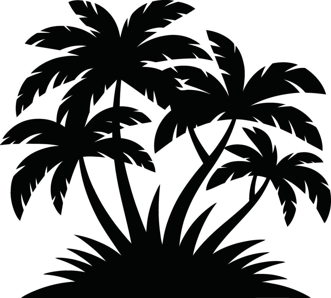 A cluster of lush palm trees against a white background in a striking silhouette vector