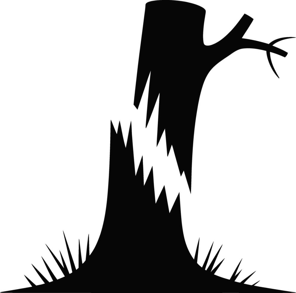 Broken tree stump silhouette with jagged edges and sparse grass below vector