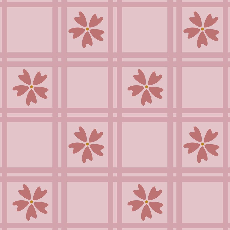 Seamless pattern with stylized pink flowers arranged in a grid on a light pink background, featuring a subtle plaid overlay for a unique textured design. vector