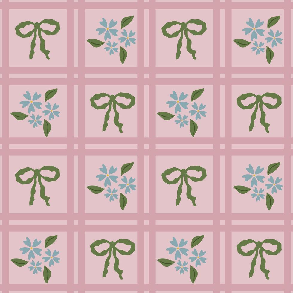 Seamless pattern featuring a delicate interplay of olive green bows and light blue floral bouquets, arranged within a soft pink grid for a charming and elegant design. vector