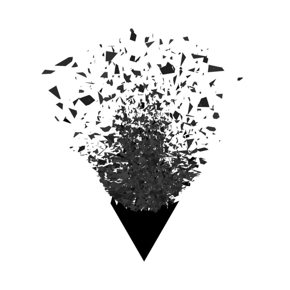 Explosion Cloud of Black Pieces on White Background. Sharp Particles Randomly Fly in the Air. Big Burst. Triangle Explode. vector