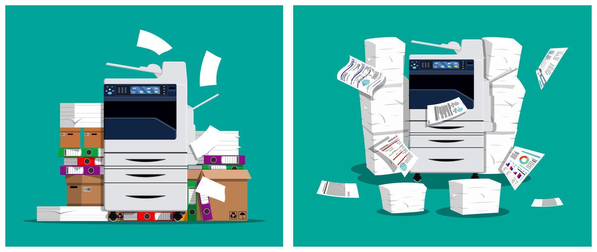 Overloaded office printer with papers vector