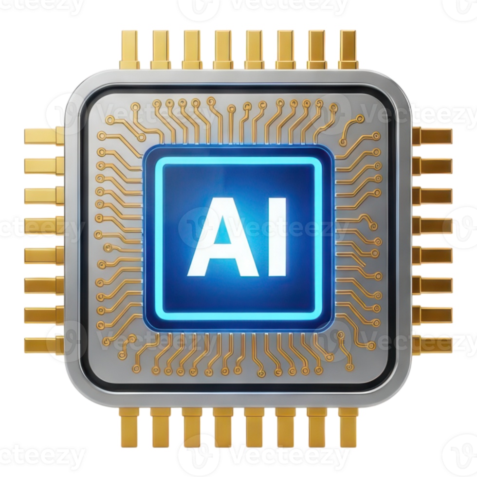 Closeup of a computer processor chip with ai text isolated on transparent background png