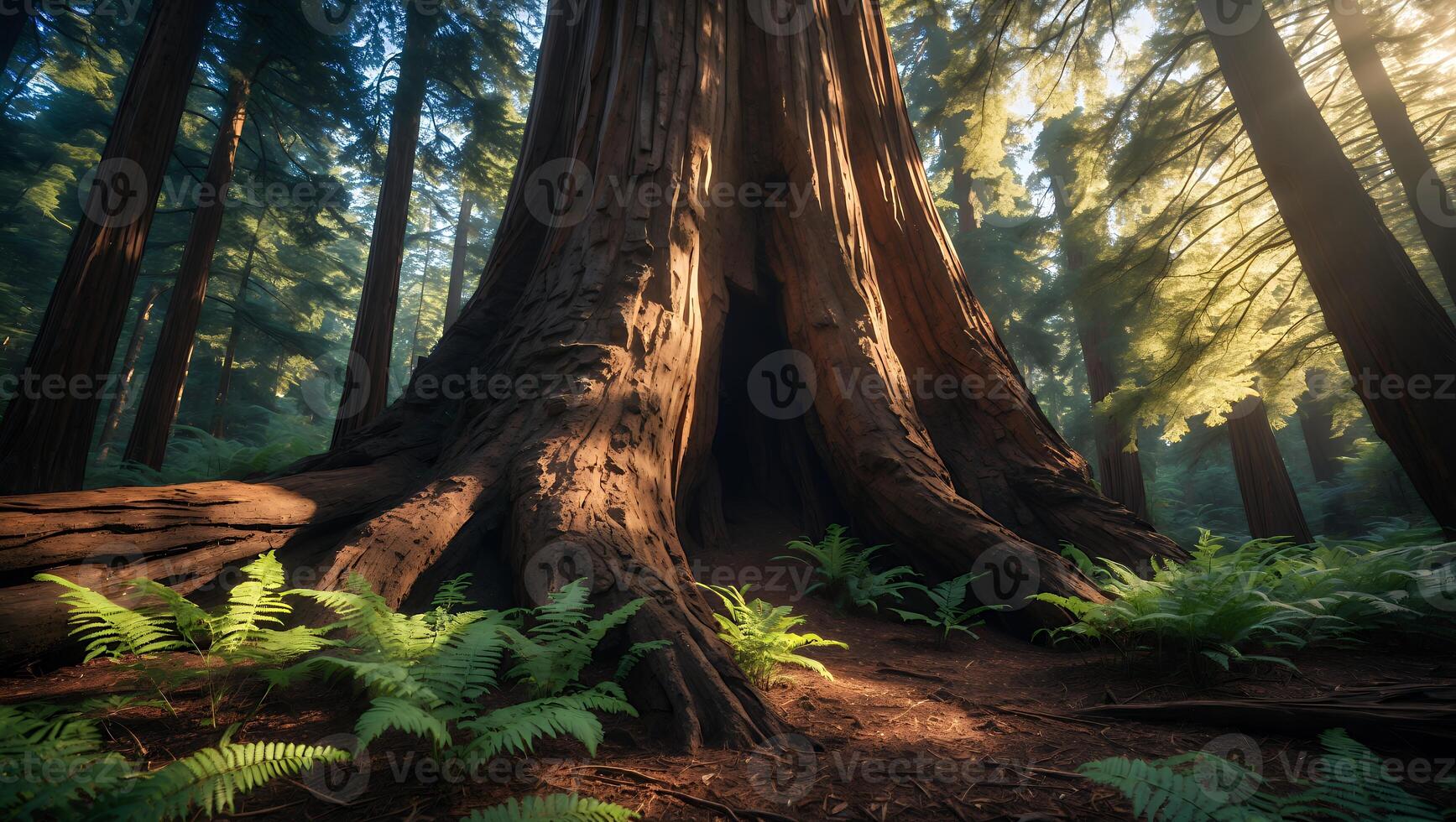 Exploring Ancient Redwood Tree with Hollow Base in Lush Forest photo