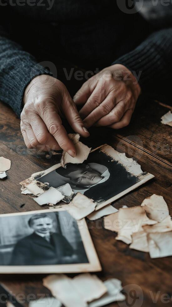 Hands handling old photographs while reminiscing in a rustic setting photo