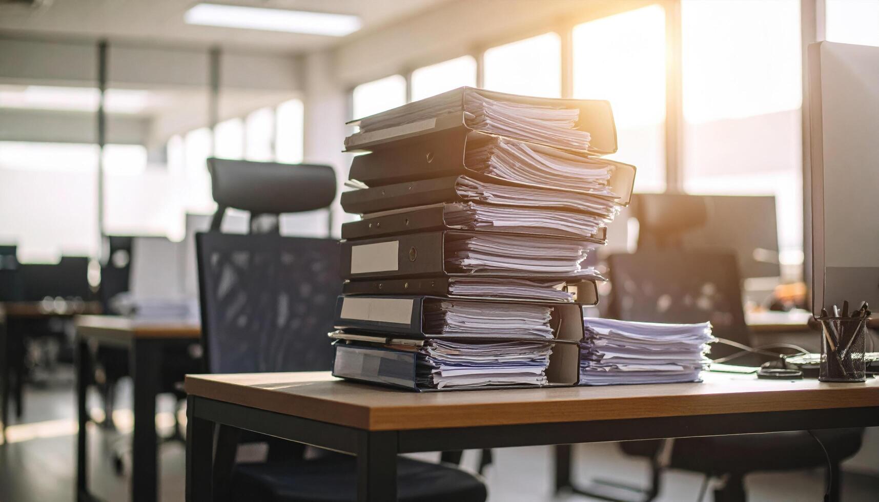 Mountain of documents stacked high on desk in modern office, illuminated by sunlight streaming through large windows, creating sense of urgency and organization photo