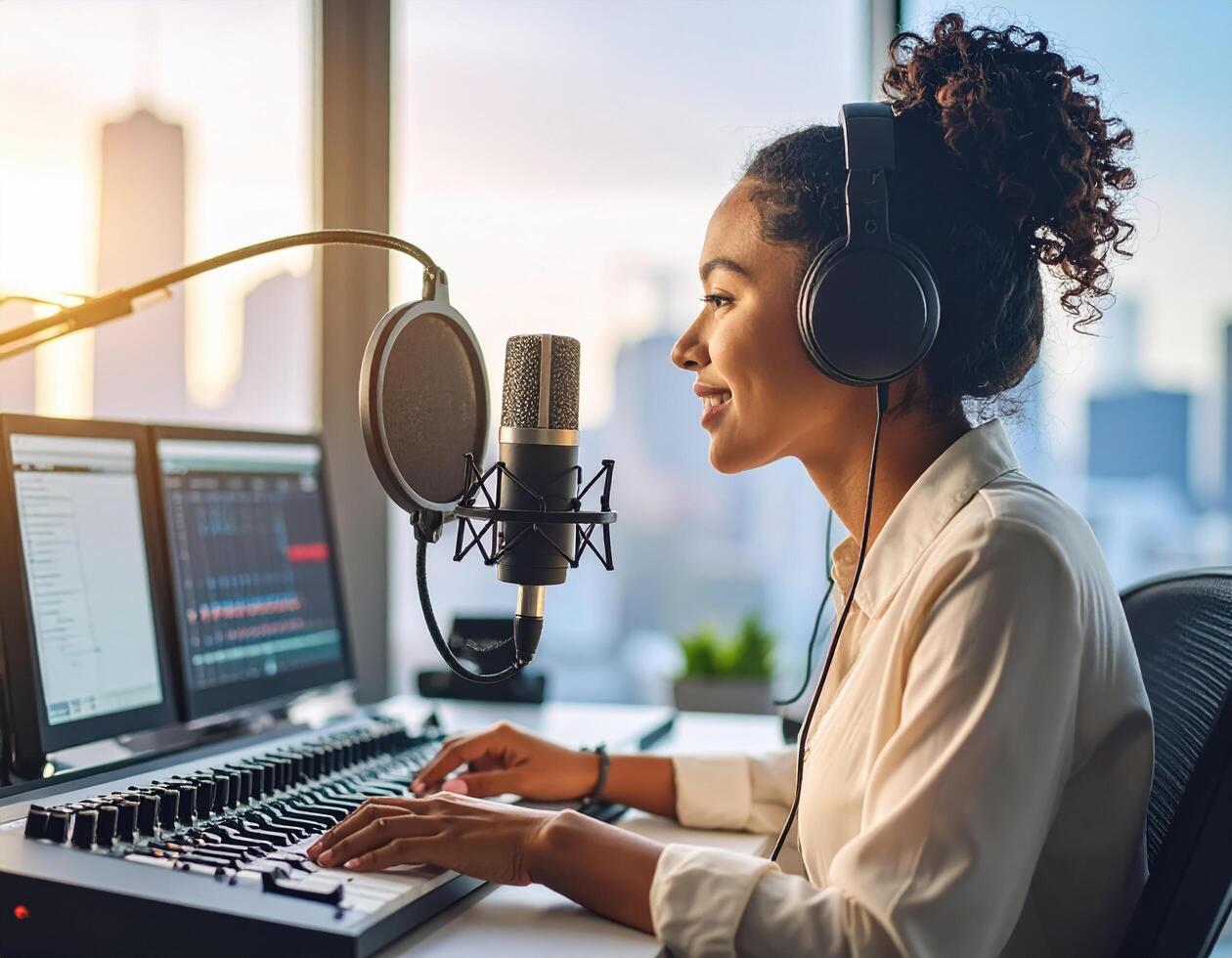 Young radio host preparing for high fidelity broadcast, wearing headphones and smiling while operating sound mixer in modern studio with city view photo