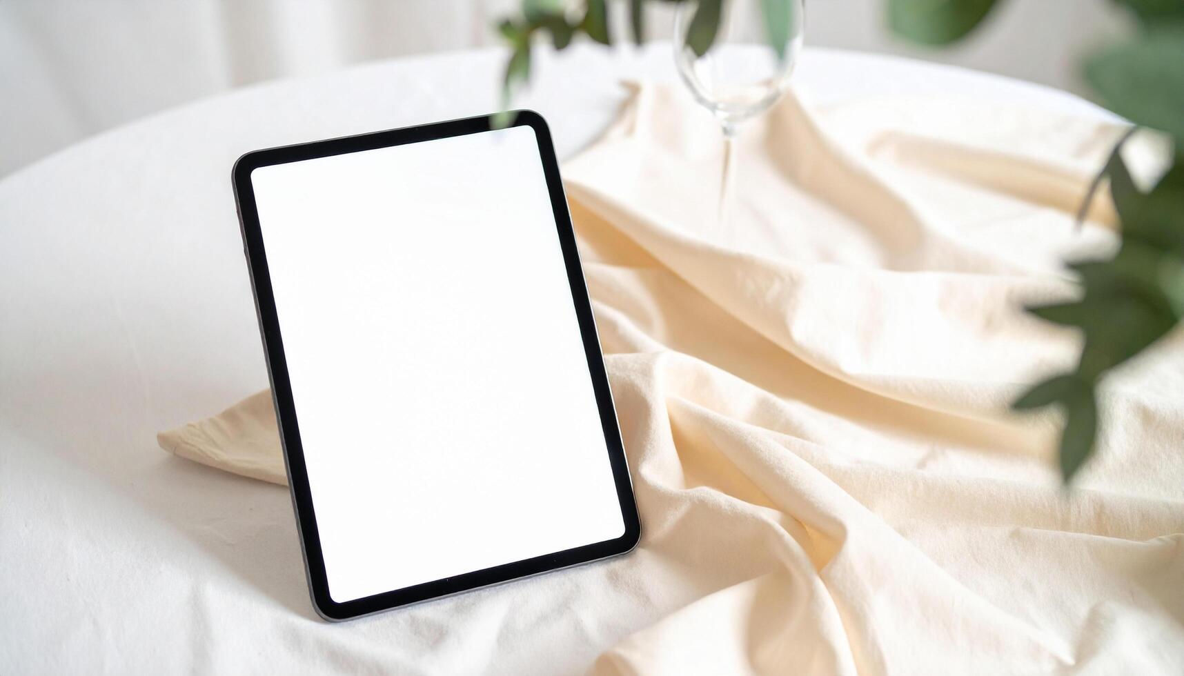 Sleek tablet device with blank screen rests elegantly on soft, cream colored fabric, surrounded by greenery and glass, creating serene and modern atmosphere photo