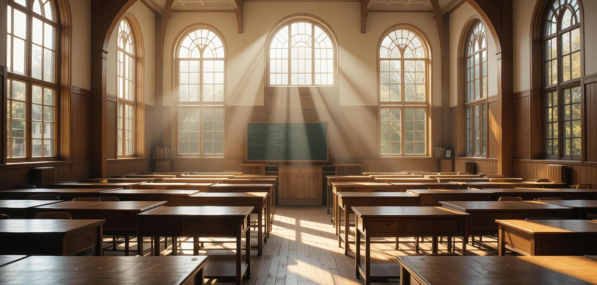 A view inside of a classroom with light shining through windows. There is a chalkboard in the room, with rows of desks in the foreground. photo
