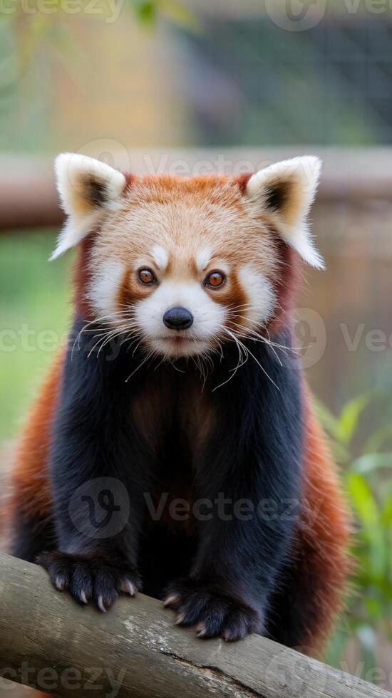 A red panda perched on a log, displaying its striking reddish-brown fur and playful expression. photo