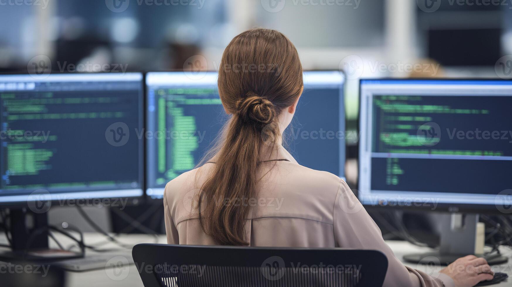 A focused woman coding at her workstation, surrounded by multiple screens displaying green programming code. photo
