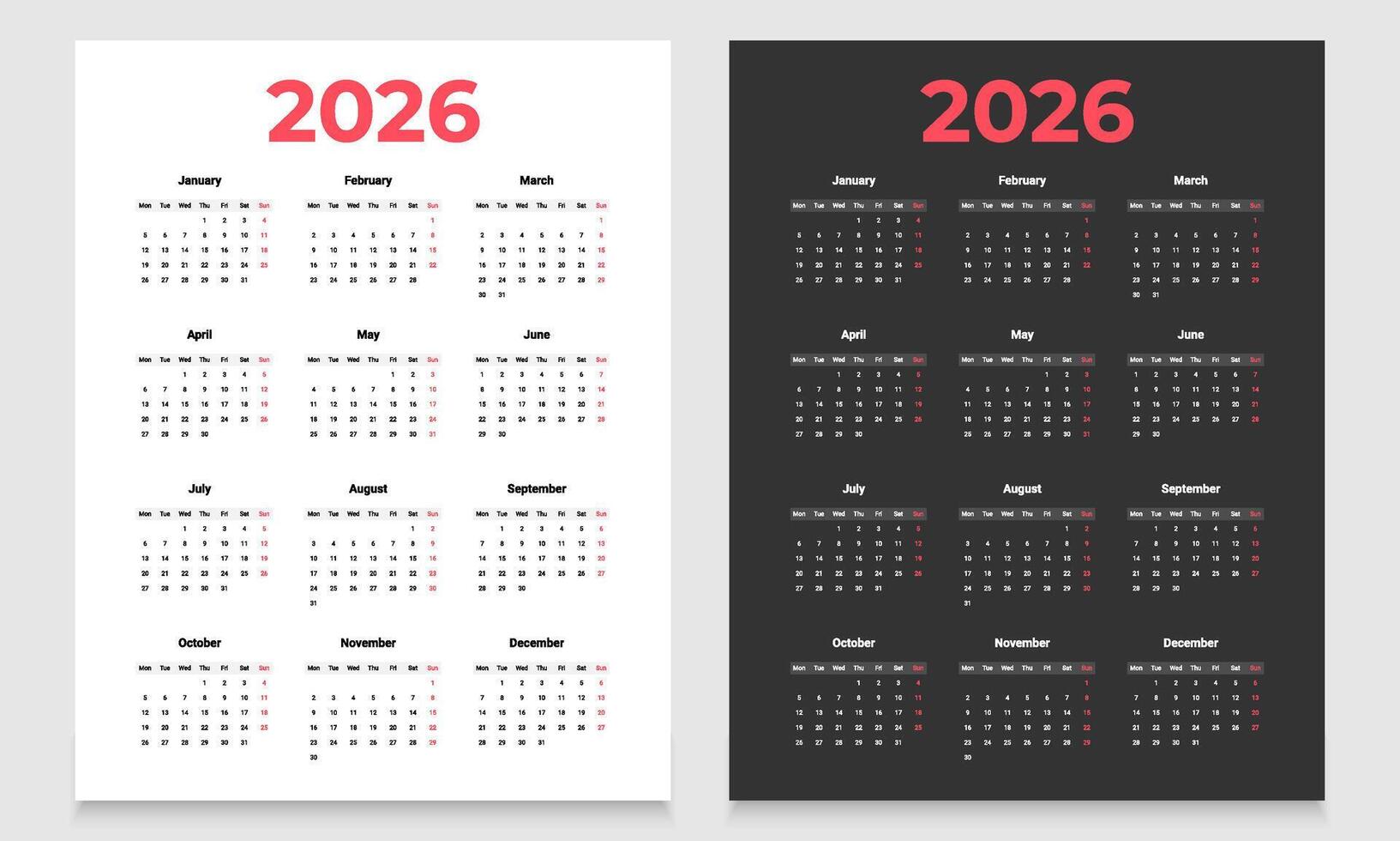 2026 monthly calendar layout with a clean diary planner format. Each month starts on Monday, ideal for organizing schedules, events, and appointments throughout the year. vector