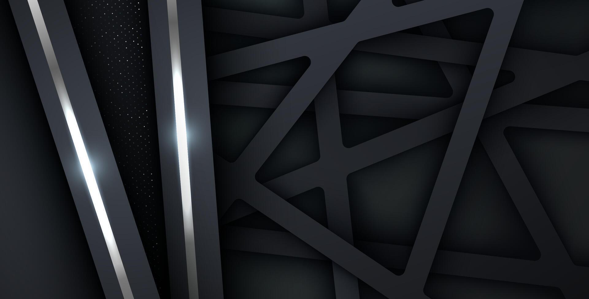 dark abstract background with triangle square black overlap layers. silver list and silver glitters dots element on slash papercut textured background. eps10 vector