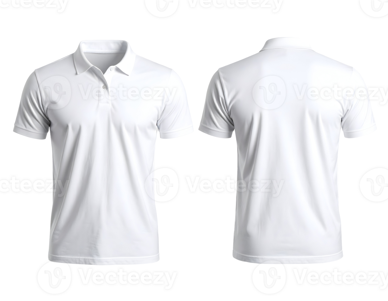 Crisp white short-sleeved collared shirts displayed with front and back views for versatile apparel design. png