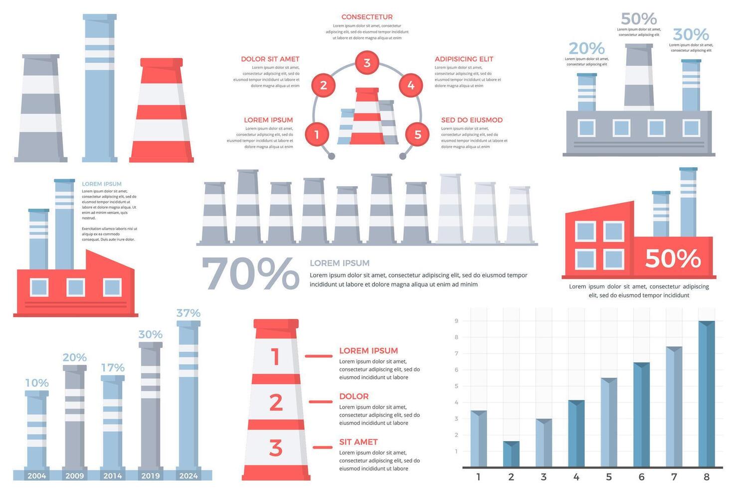 Industrial infographic elements - infographics with tubes and factories, bar graph, circle chart vector