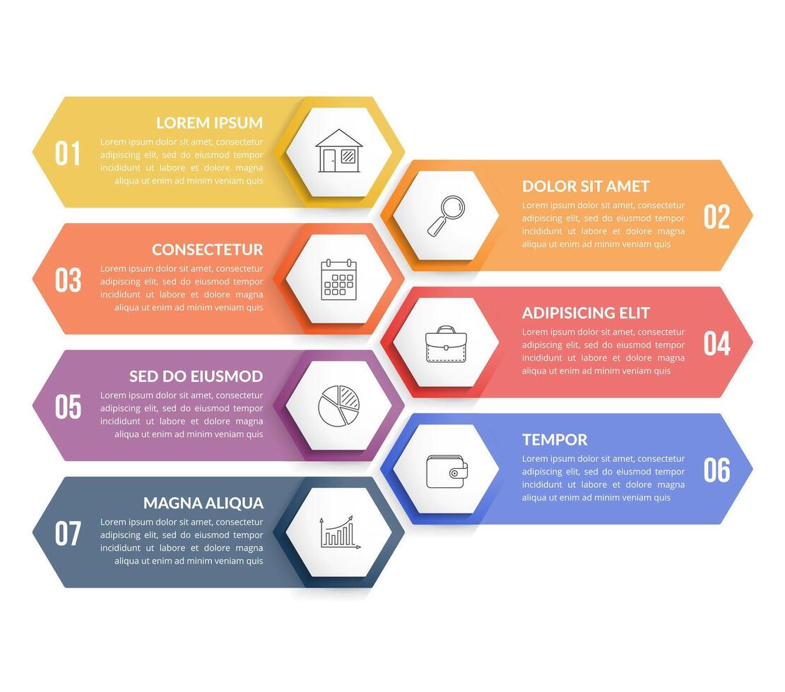 Infographic template with 7 numbered hexagons with line icons, process chart vector