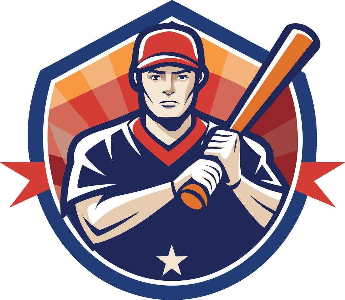 A baseball player with a bat in front of a shield isolated on white background vector