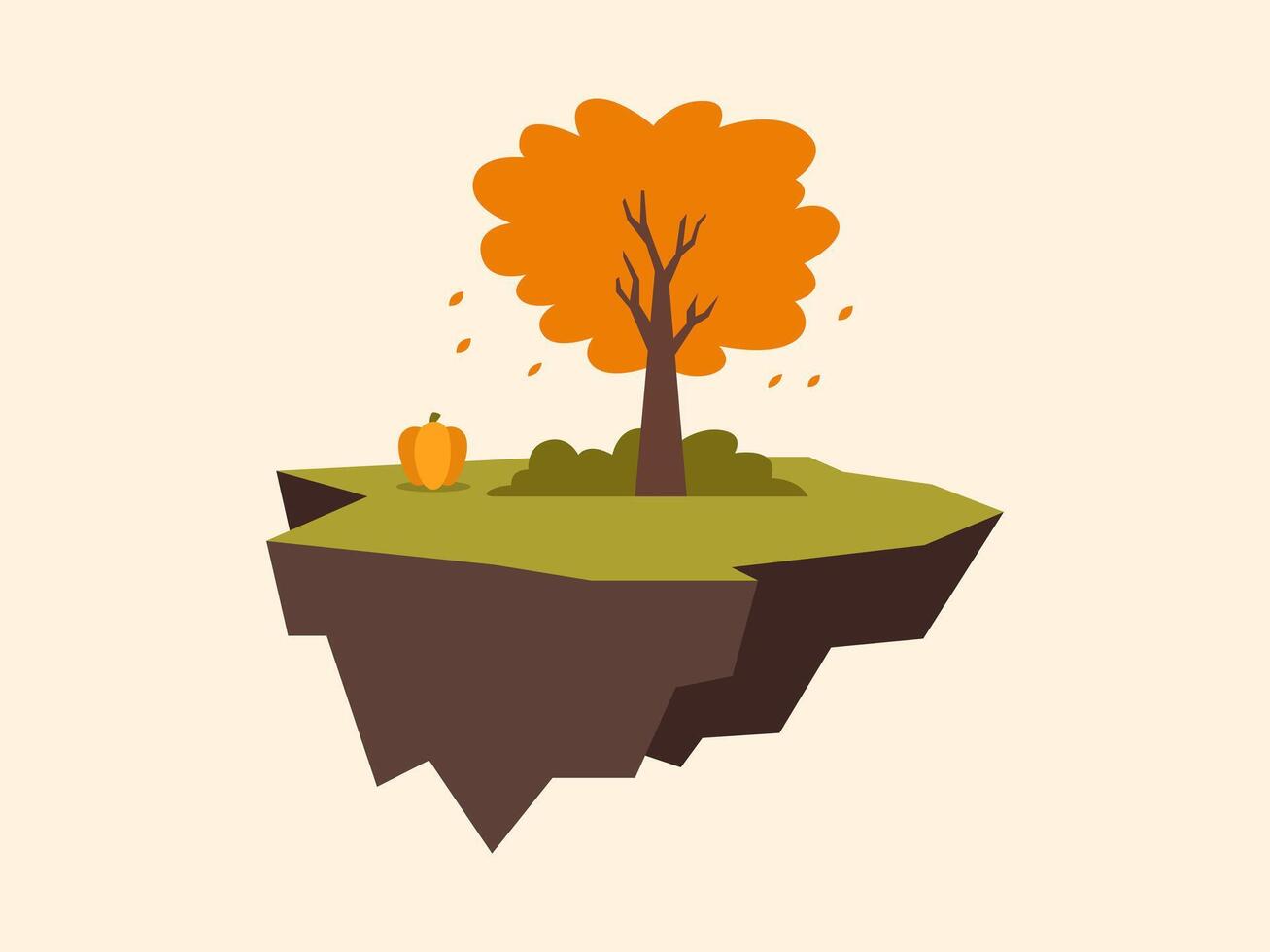 An illustration of a surreal landscape with a floating island featuring a tree and a pumpkin. vector