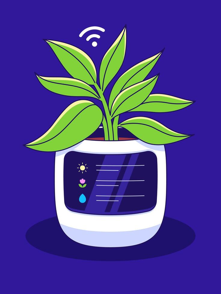A smart plant pot merges nature with innovation, with a screen displaying relevant plant information and connected to wireless system. vector
