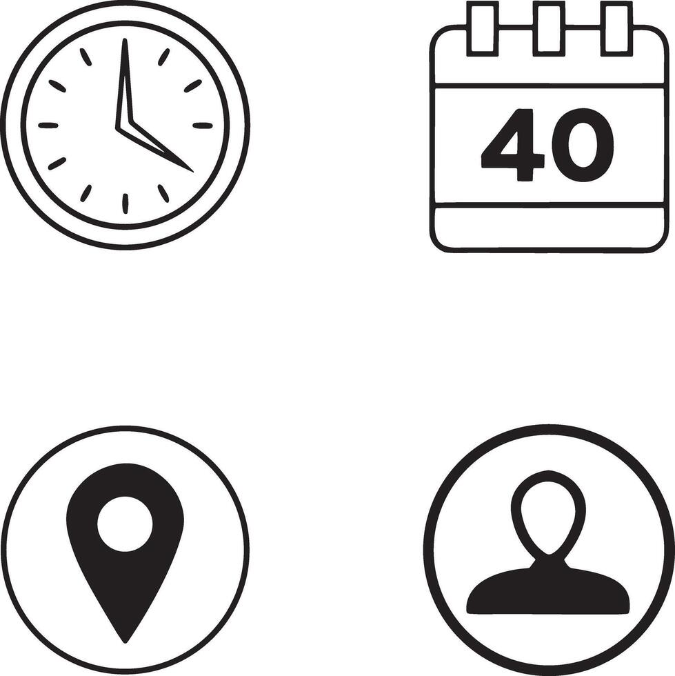 Four Essential Icons Representing Time, Dates, Location, and People in Simple Black and White Design vector