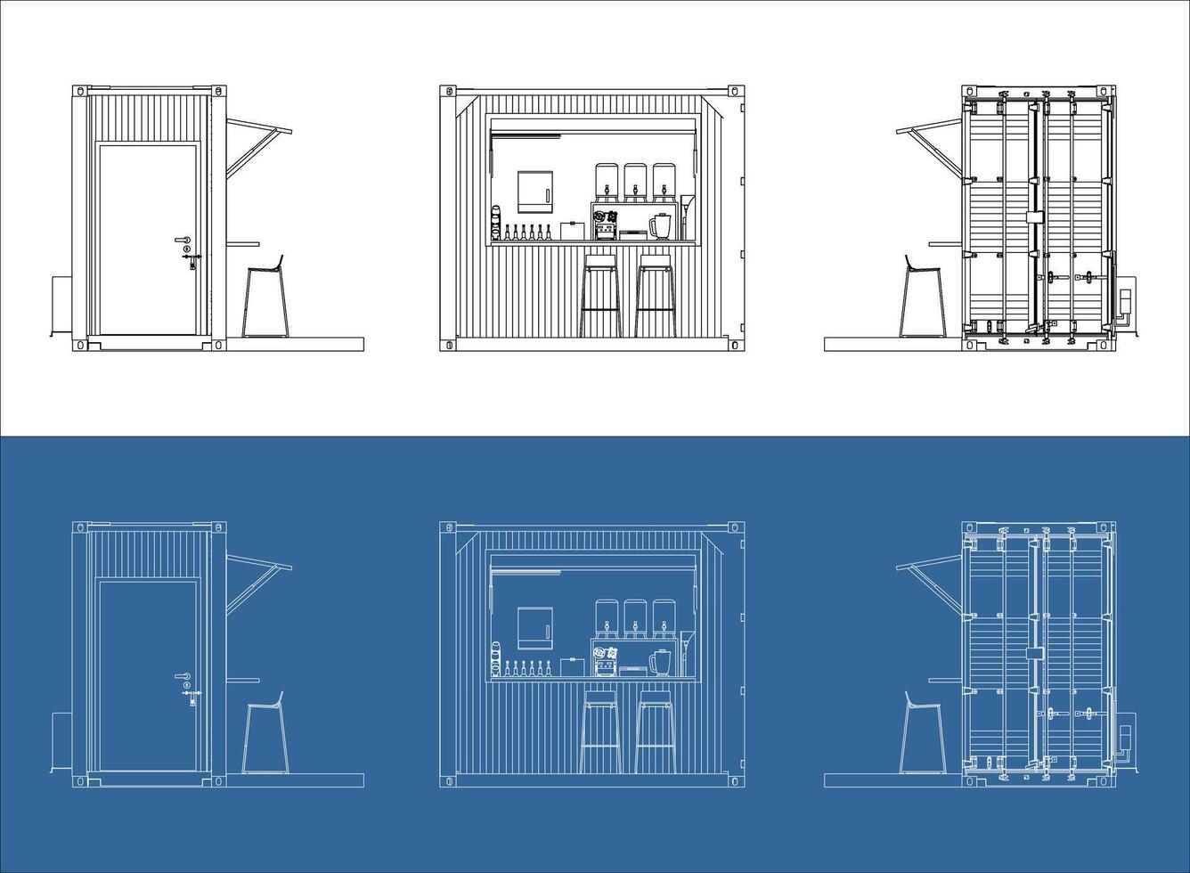 Set of a Modern Shipping Container Kiosk or Concession Stand, with Various Orthographic Views for Architectural and Technical Concepts. Detailed Blueprint and Line Drawing vector