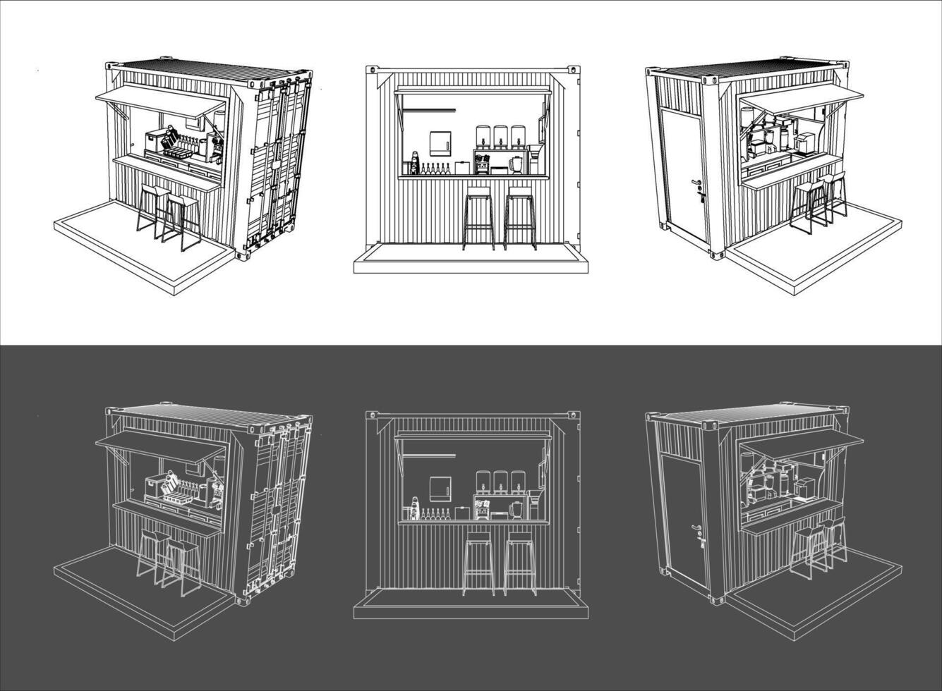 Detailed Wireframe Line Drawing Set of a Modern Shipping Container Kiosk or Concession Stand, with Various Views for Architectural and Business Concepts vector
