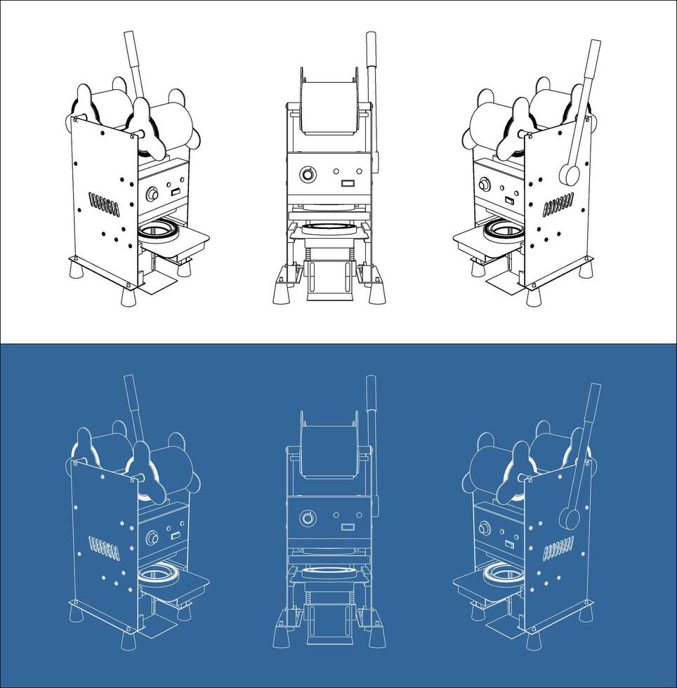 Detailed Technical Blueprint and Line Drawing Set of a Manual Cup Sealer Machine from Various Angles vector