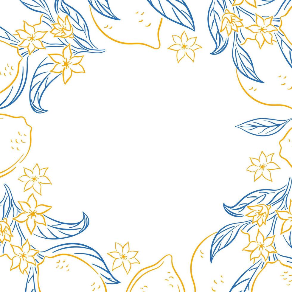 Branch frame with lemon, leaf and blossom flower in line art style on a white background. Design for greeting cards, website banner. vector