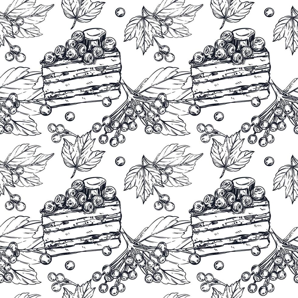 Seamless pattern of sweets and berries, a piece of cake with viburnum berries, a branch of viburnum, leaves, all objects are hand-drawn with ink. Illustration is suitable for printing, design vector