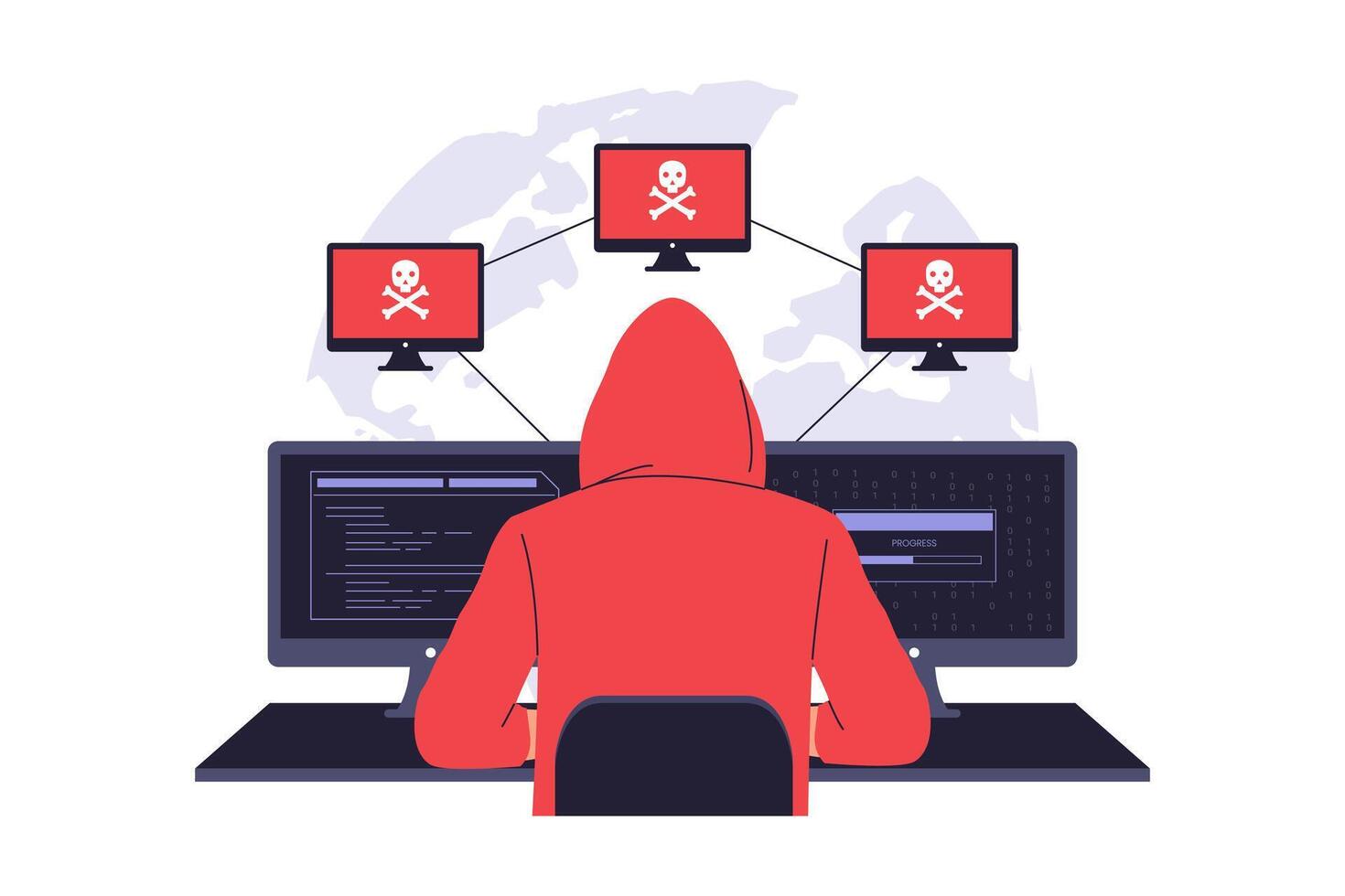Hacker at a computer with warning signs vector