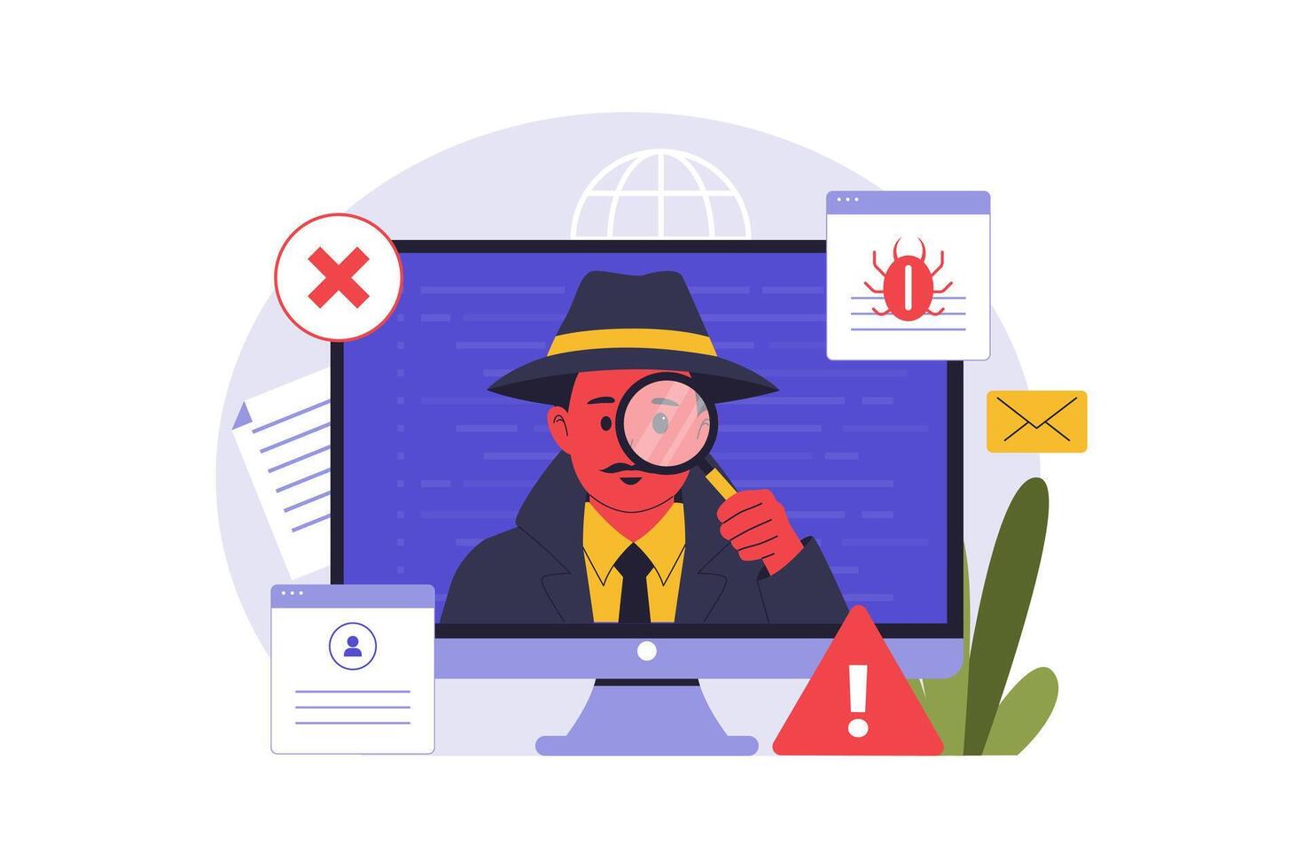 Online security expert with magnifying glass vector
