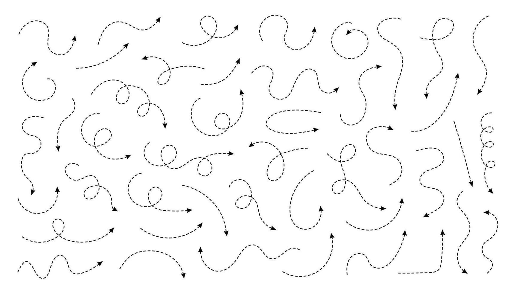 Hand drawn arrow set with dotted lines and curves for infographic design, directional pointers or sketch icons in white with loops and dots vector