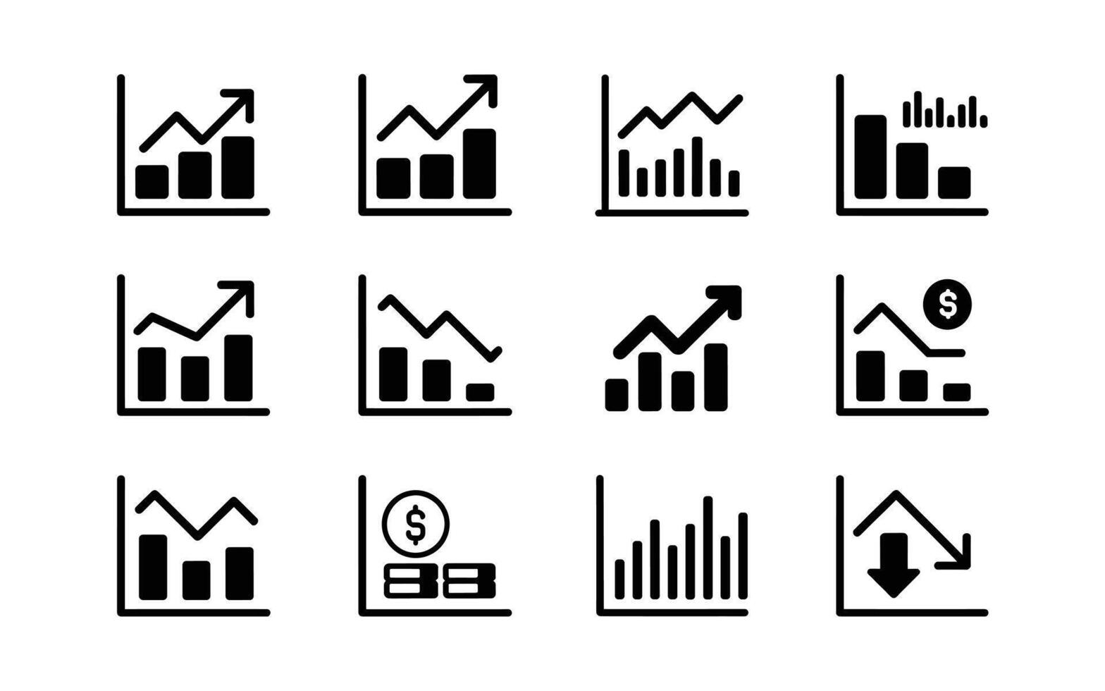 Variety of Business Graph Icons Depicting Financial Trends, Growth, Loss, and Market Analysis for Data Visualization and Reporting Purposes with Simple Black Design vector