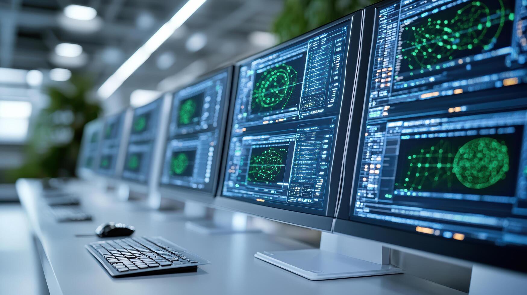 A row of computer monitors with green screens photo