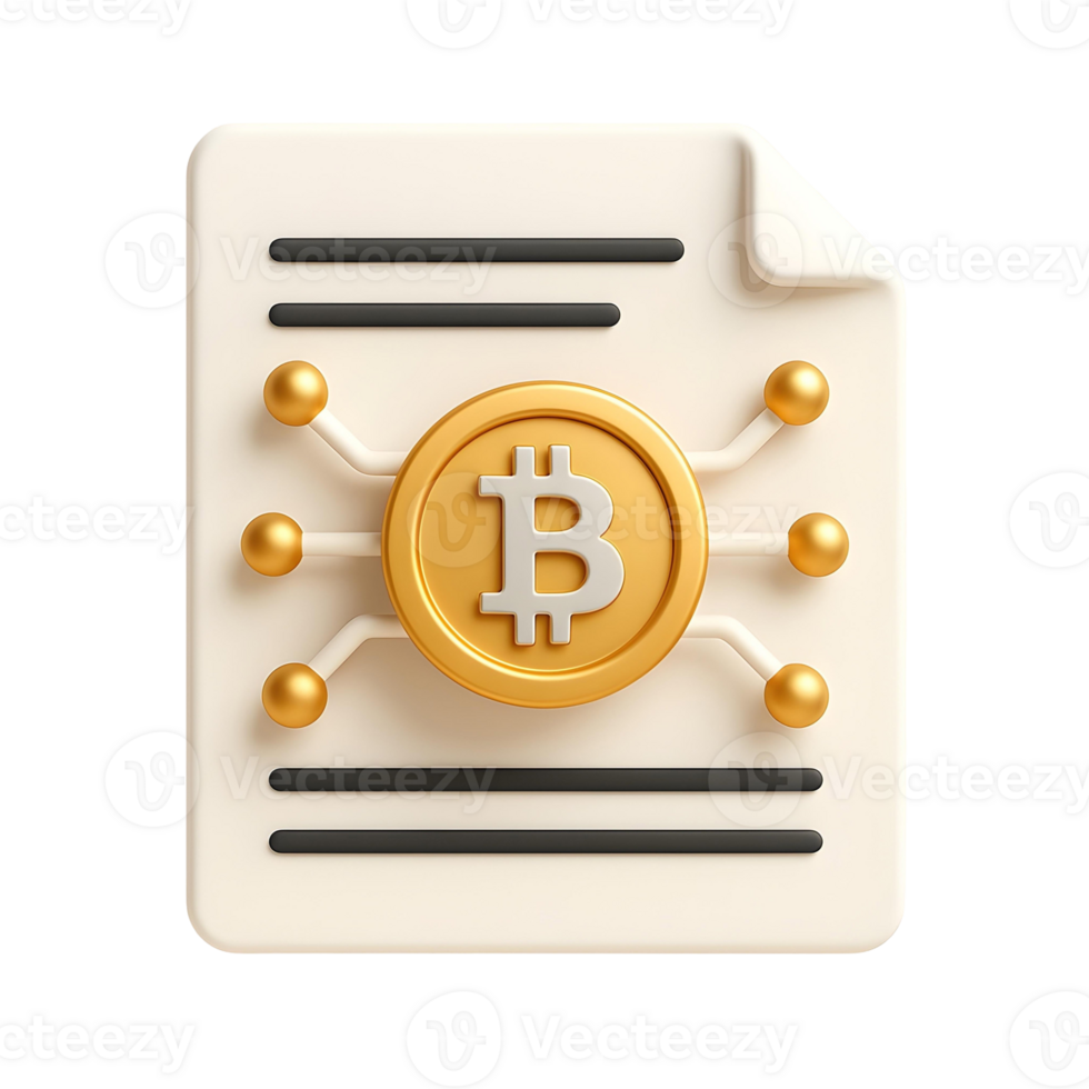 un' 3d rendere illustrare un' bitcoin carta bianca concetto, con un' documento con un' prominente bitcoin moneta collegato per un' decentralizzato Rete, simboleggiante blockchain tecnologia png