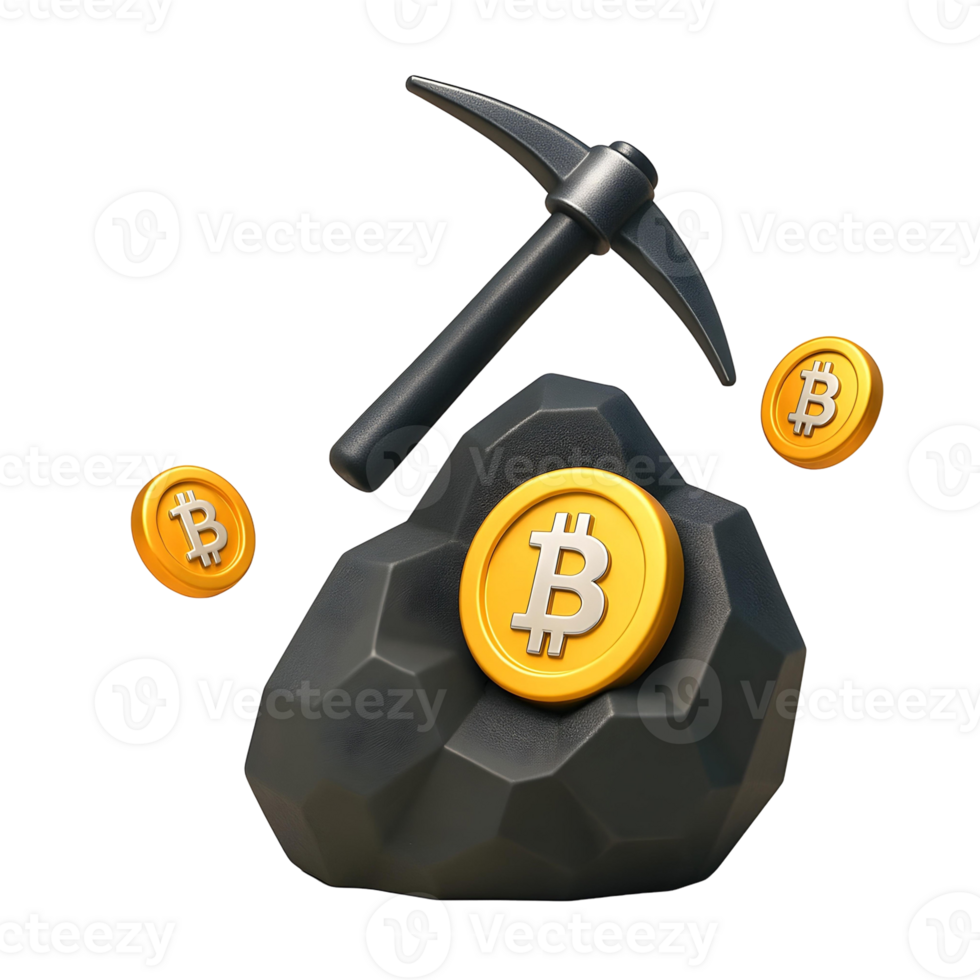 A Bitcoin mining concept, depicted with a pickaxe, a rock, and golden Bitcoin coins, symbolizing the process of cryptocurrency extraction and blockchain validation png