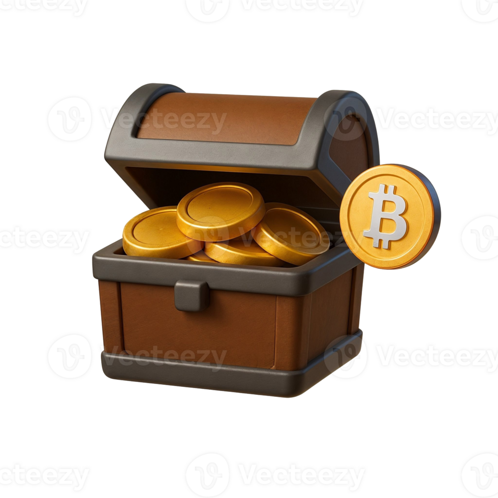 uma 3d render do a aberto Tesouro peito transbordante com dourado bitcoin moedas, simbolizando criptomoeda fortuna, digital investimento, e seguro blockchain ativos png