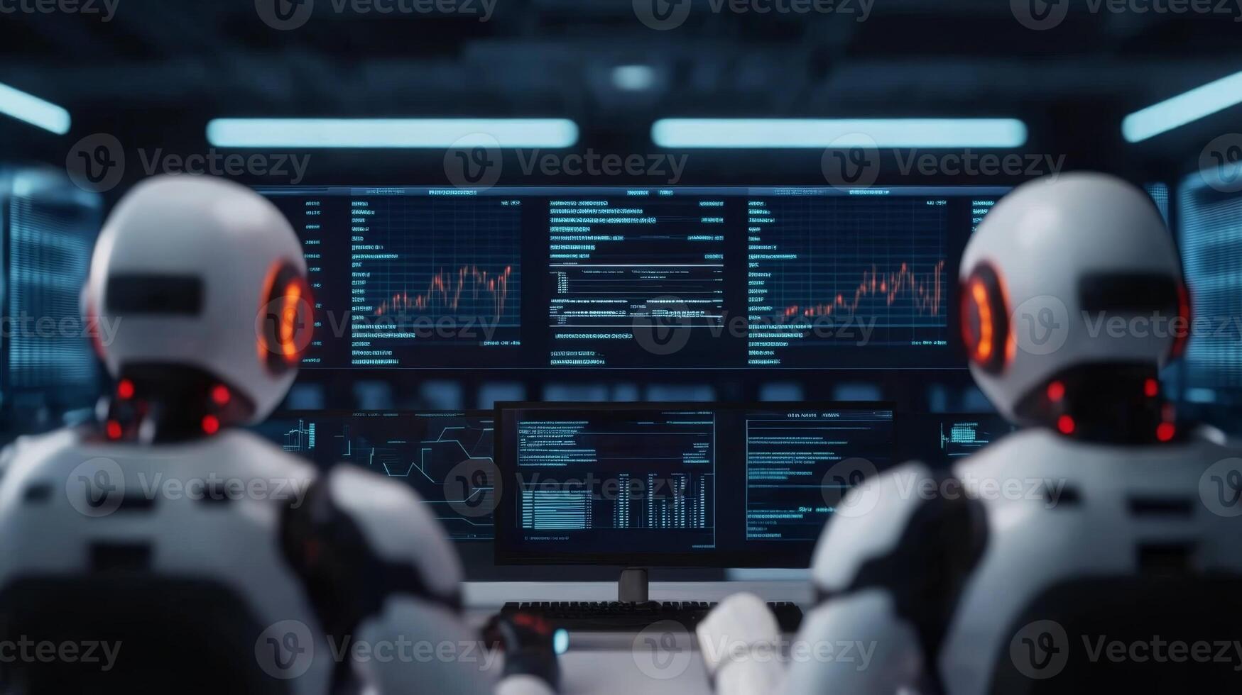 Robots analyzing data in a futuristic control room with advanced technology interfaces and glowing screens photo