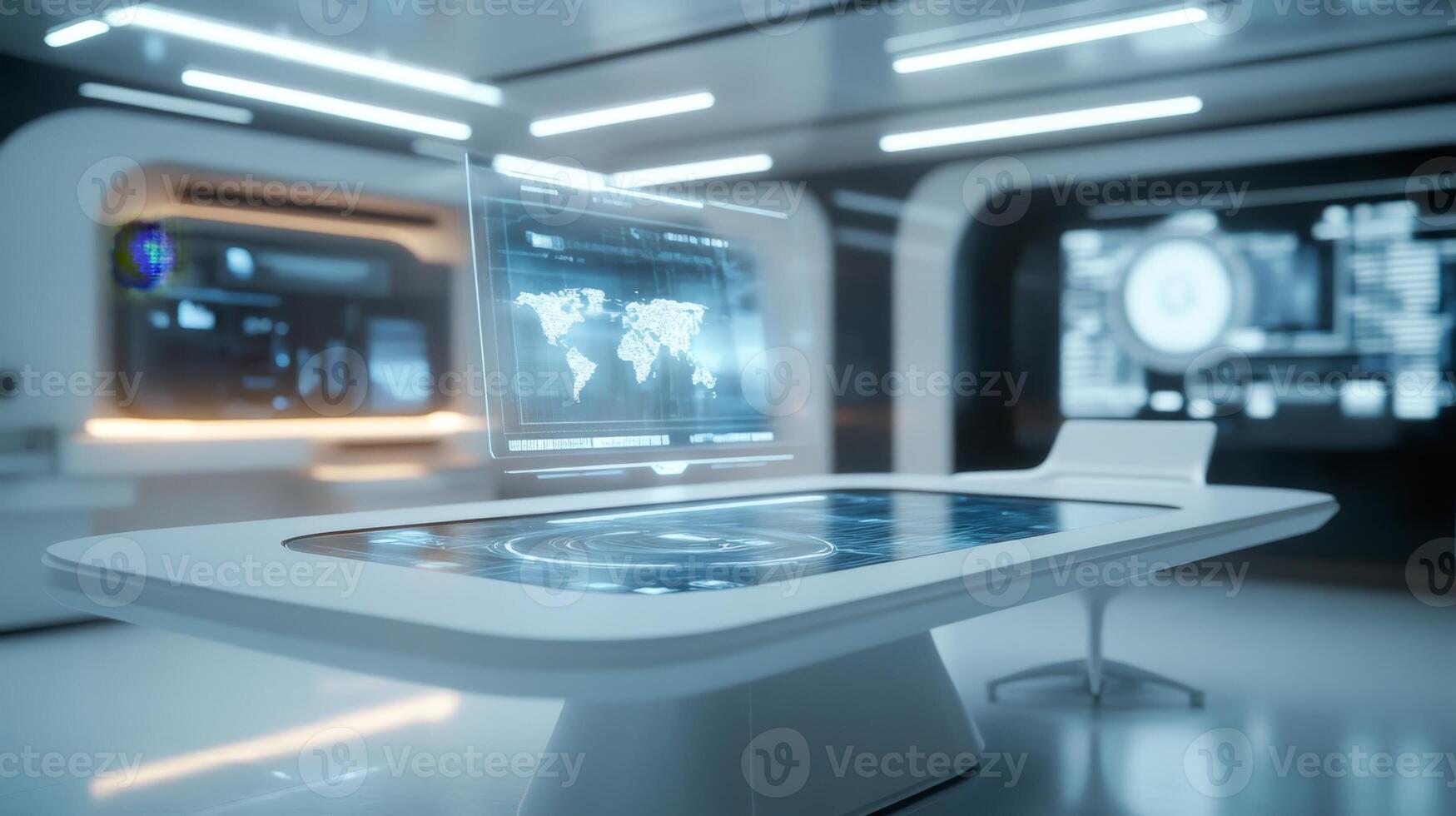 Futuristic digital workspace with holographic displays and interactive surface in a modern office environment photo