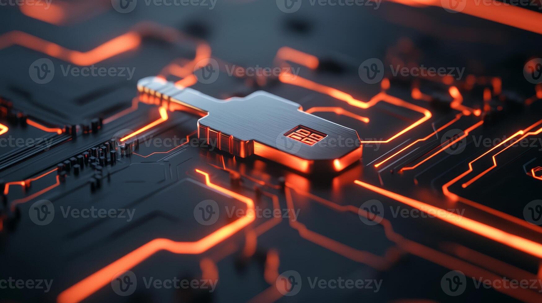 Digital security key on circuit board with glowing neon elements in a futuristic technology setting photo