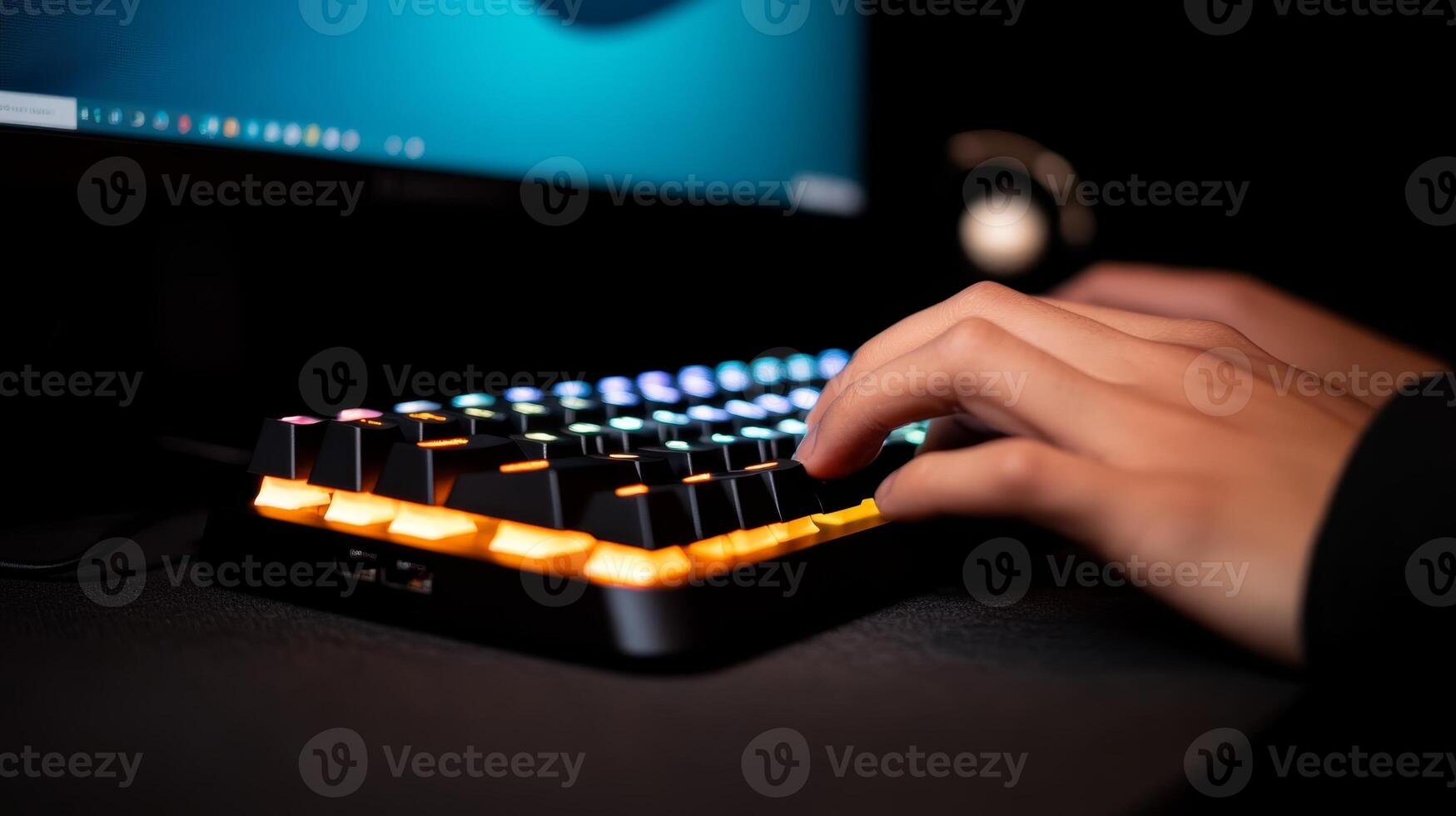 Close-up of hands typing on a backlit mechanical keyboard while gaming in a dimly lit room photo