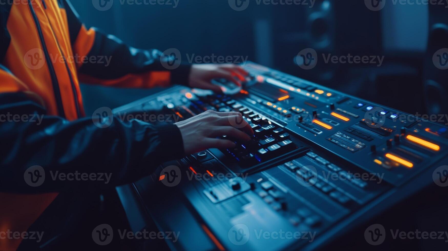 Music producer adjusting sound settings on a high-tech mixing console in a dimly lit studio during nighttime photo