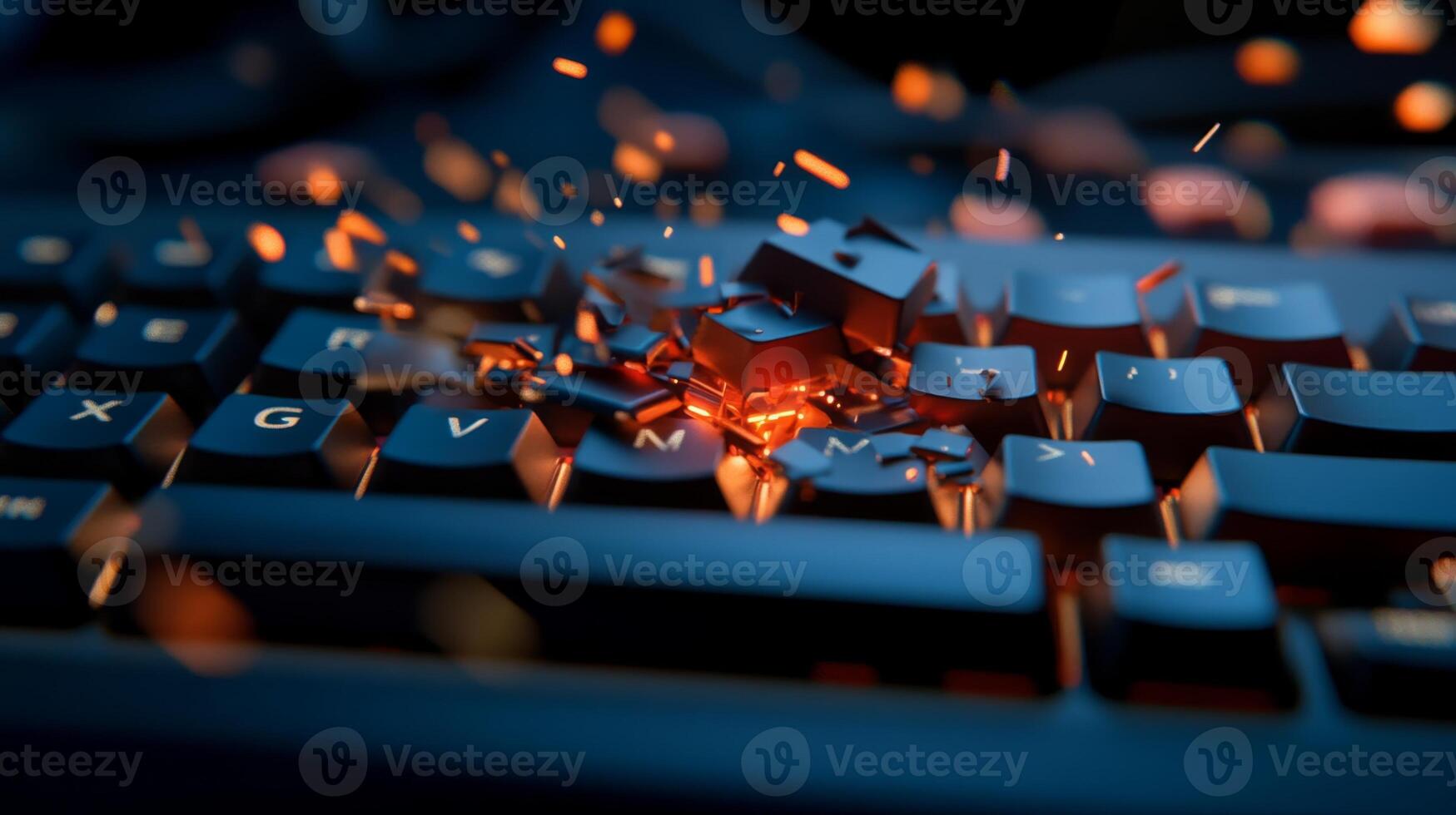 Keyboard explosion with sparks showcasing technology's power and creativity in a digital workspace photo