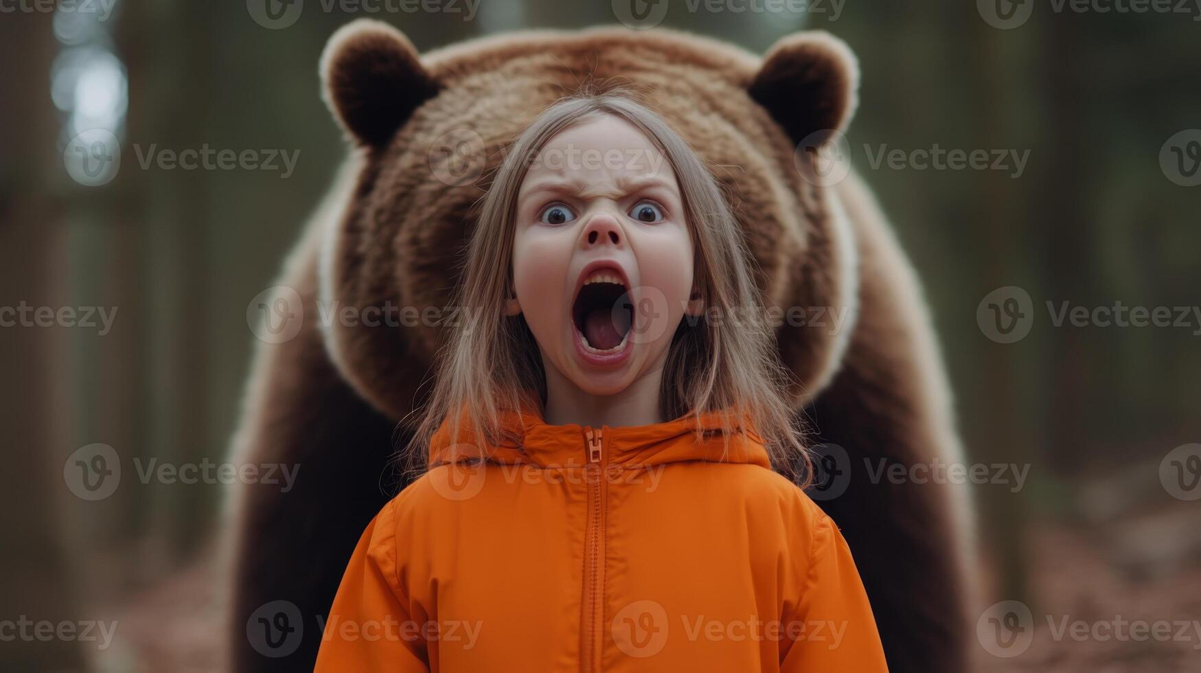 Child in orange jacket screams in front of a bear in a forest setting during daylight hours photo