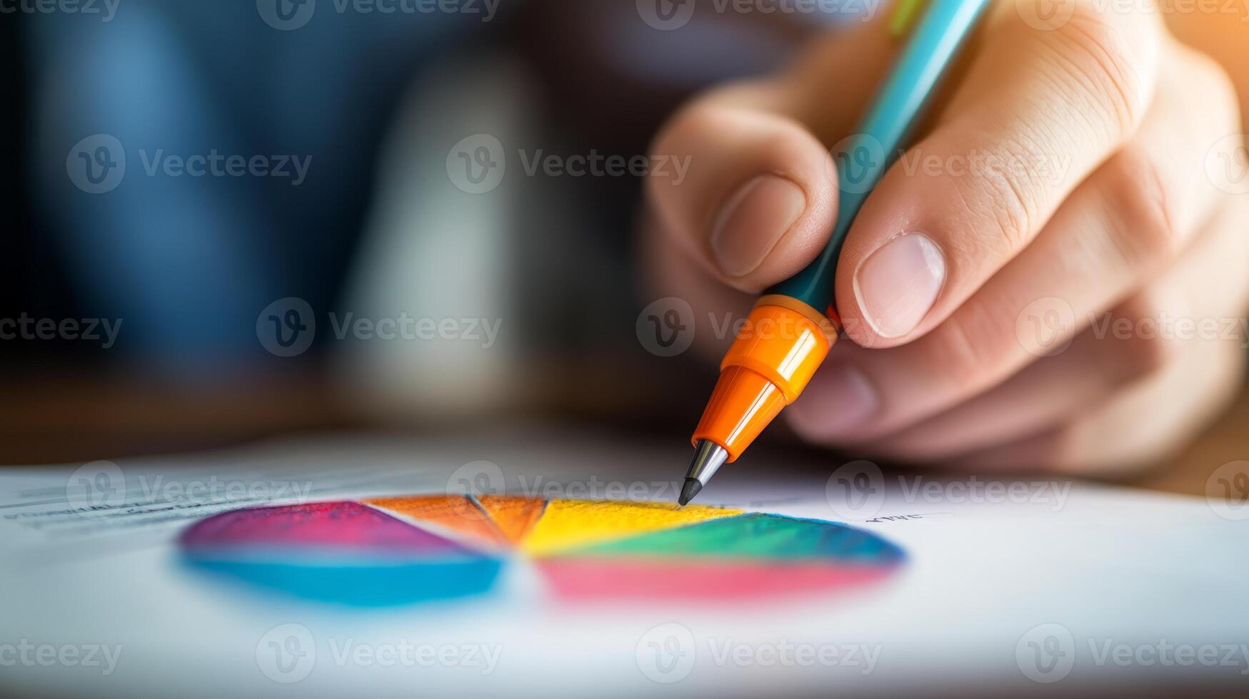 Person analyzing data with colorful pie chart and marker in office setting during bright daytime photo