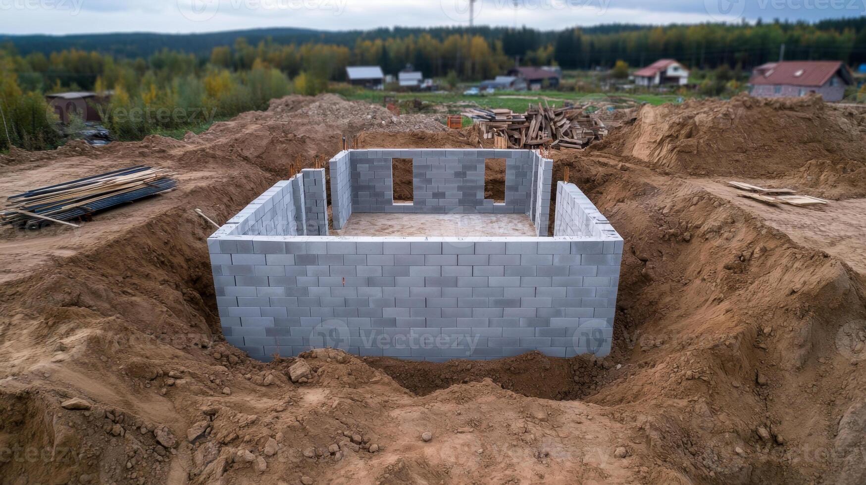 Construction site showing newly built concrete block foundation surrounded by soil and materials in rural setting photo