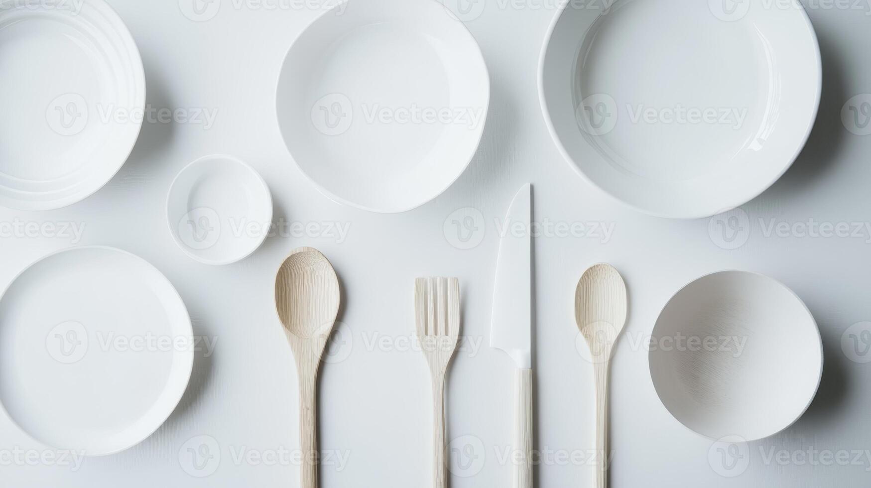 Collection of white kitchenware arranged neatly on a clean surface, featuring bowls, utensils, and plates for culinary use photo