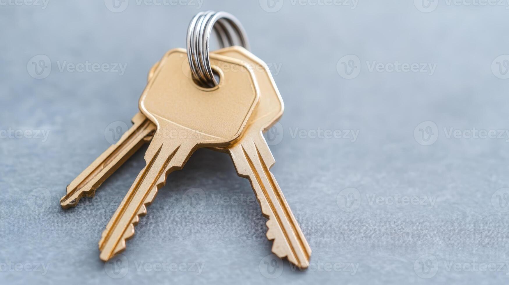 Three golden keys linked together on a gray surface with a simple and modern design photo