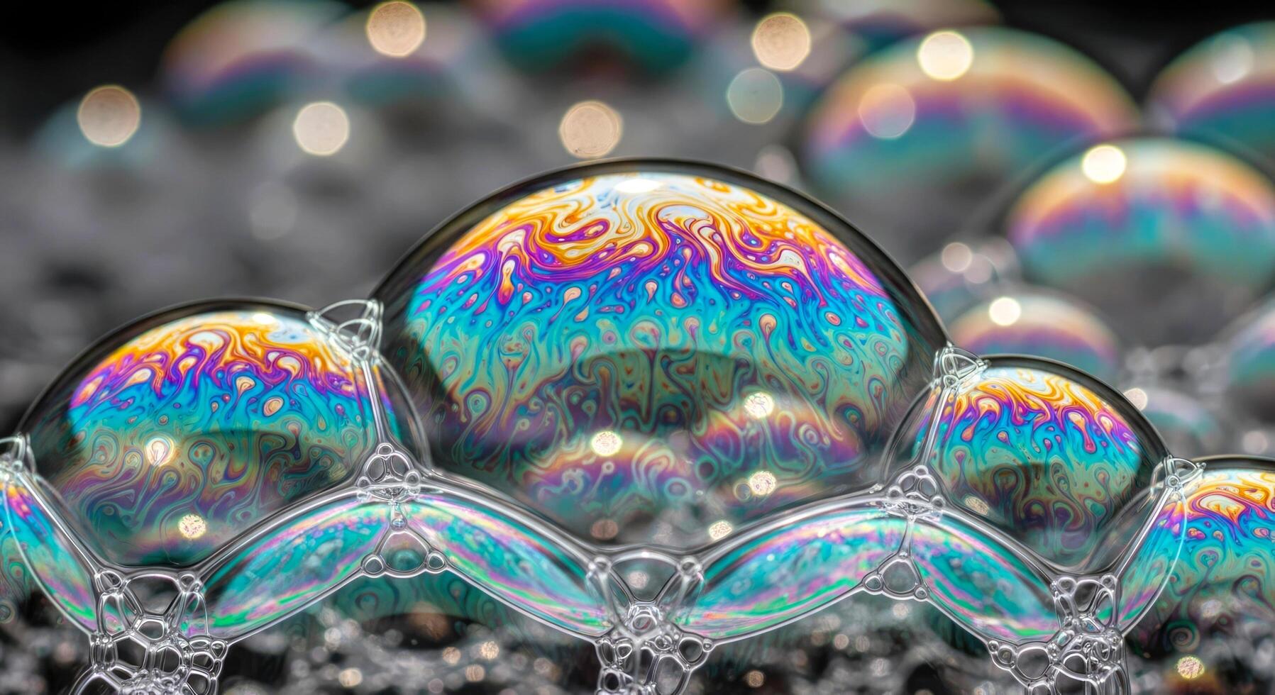 closeup shot of iridescent soap bubbles with vibrant colors and swirling patterns, creating a mesmerizing visual effect photo