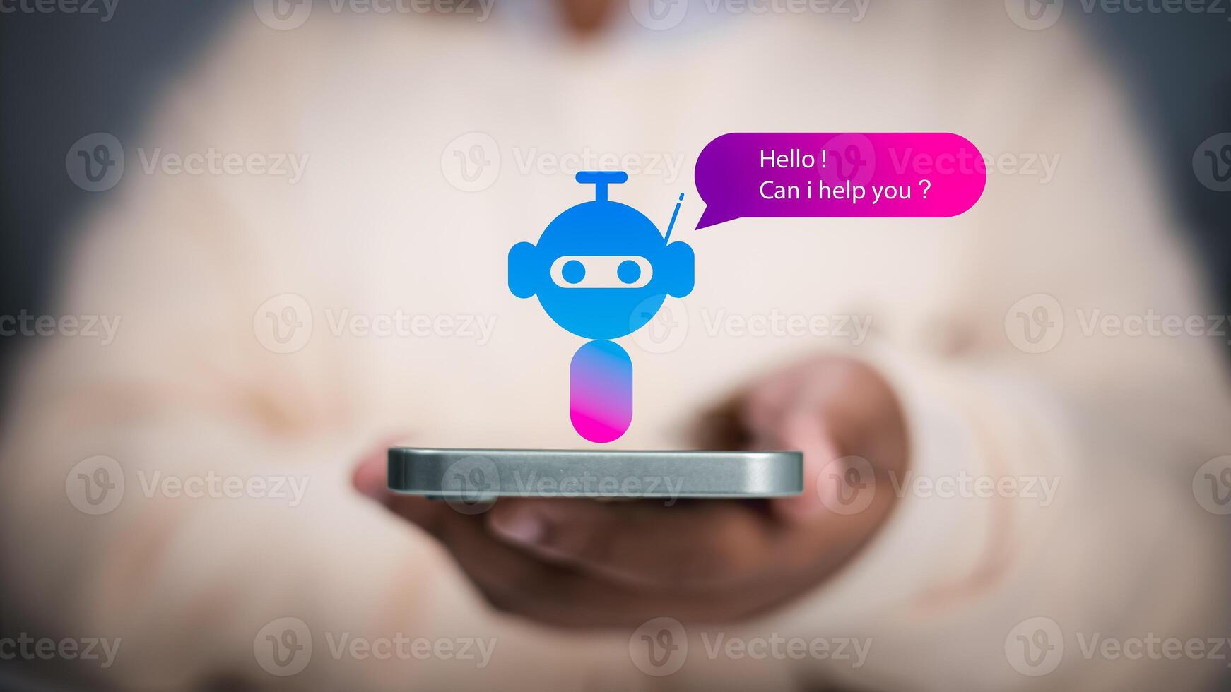 Artificial intelligence, and digital communication, suitable for content about AI assistants and smart applications. Person holding a smartphone with a chatbot icon. Smart assistant agentic. photo